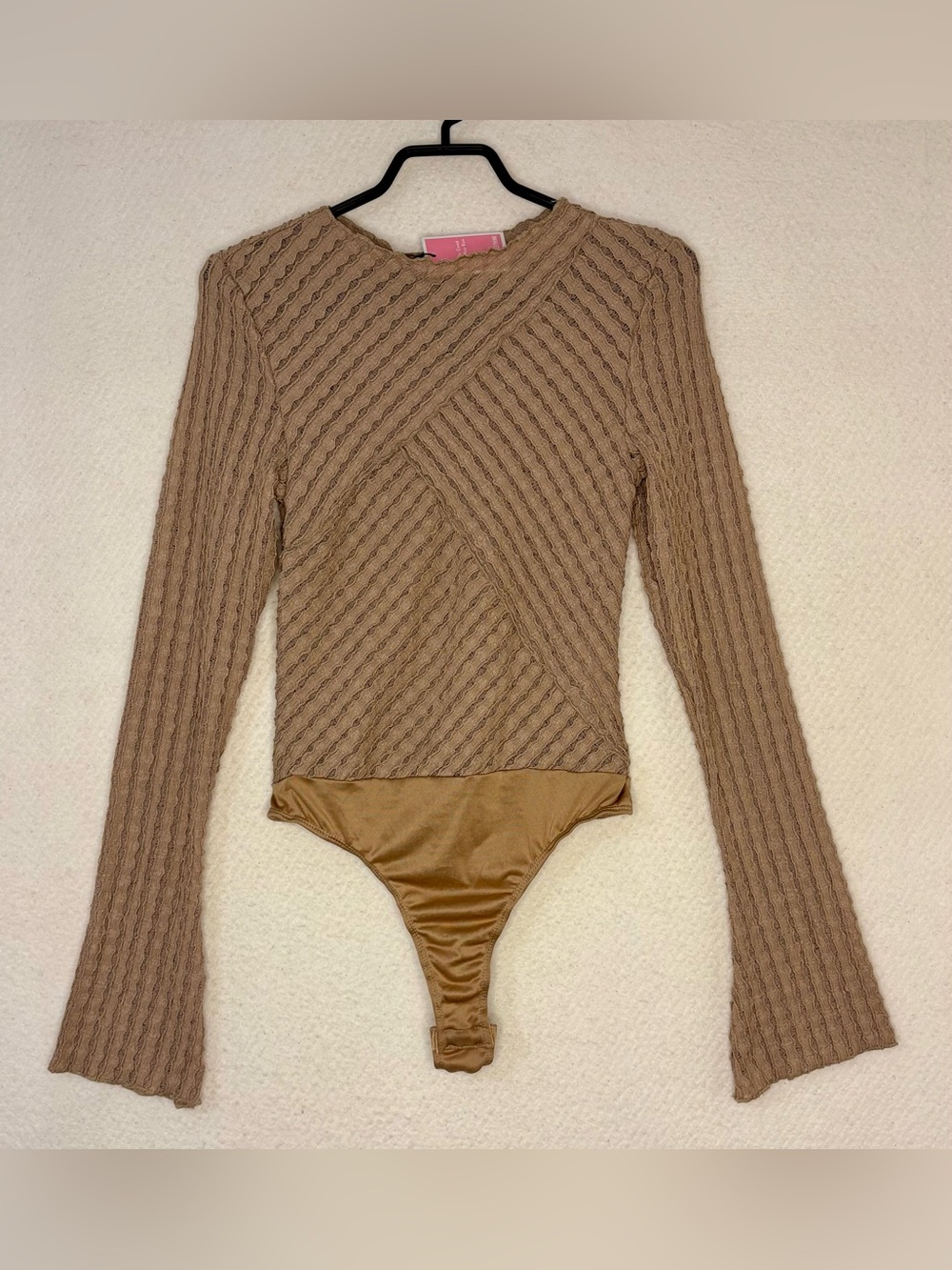 NWT PrettyLittleThing Golden Camel Textured Super Stretch Long Sleeve Bodysuit